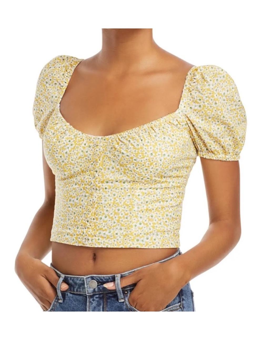 Bardot Floral‎ Cotton Puff Short Sleeve Crop Top US 10/Large Yellow Cottagecore